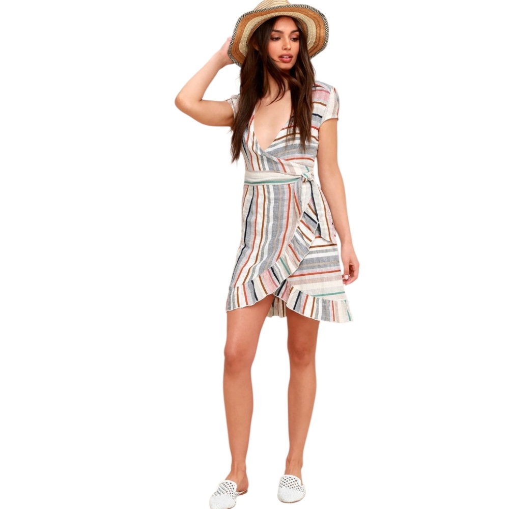 FREE PEOPLE wrap it up multi stripe mini ruffle tie wrap dress S‎